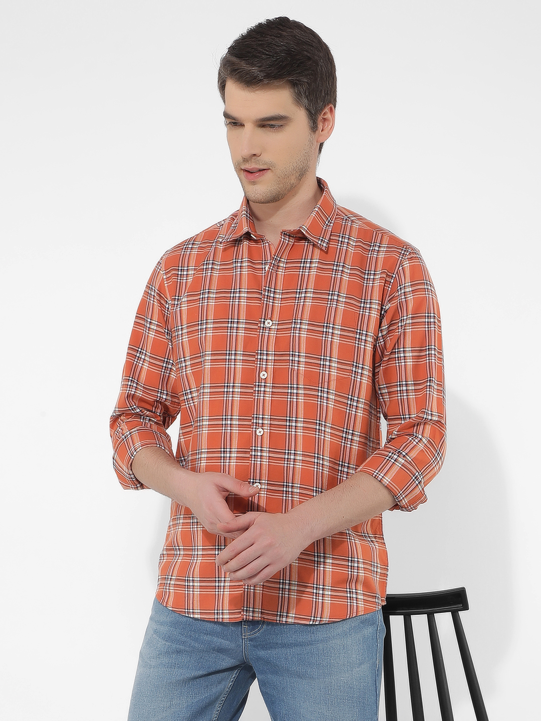 Numero Uno Men Checkered Orange Shirt
